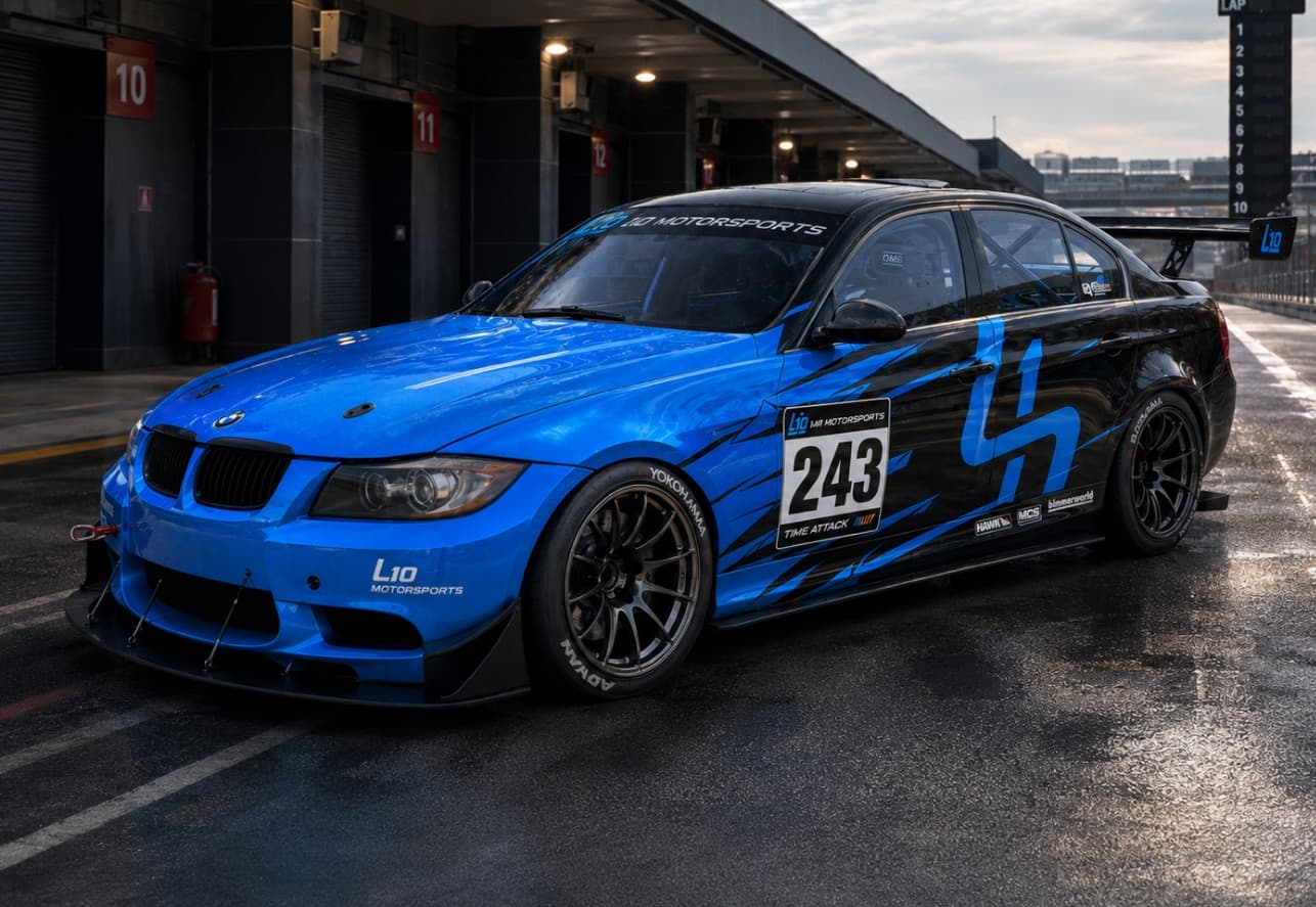Rendering of the L10 Motorsports BMW 330i time attack build in blue and black livery, pit lane